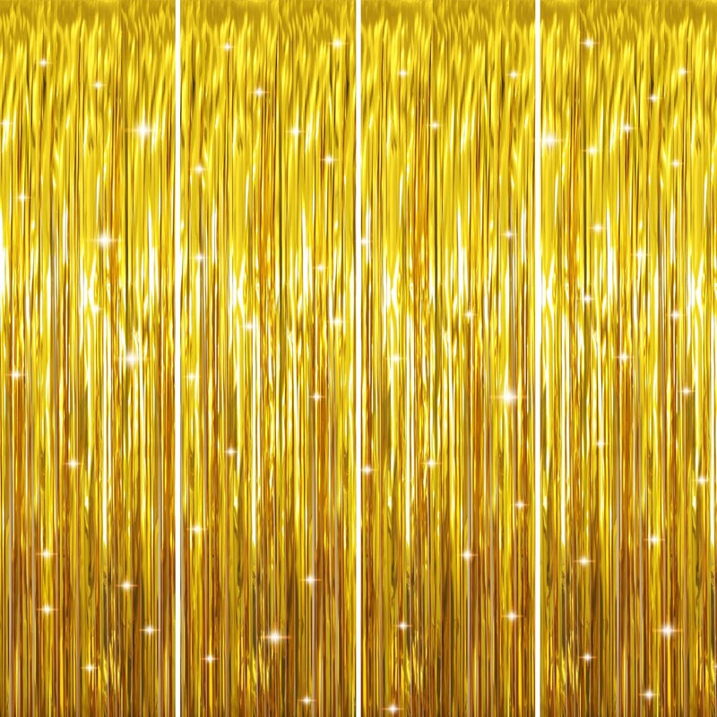 GOER 3.2 ft x 9.8 ft Metallic Tinsel Foil Fringe Curtains Party Photo Backdrop Party Streamers for Birthday,Graduation,New Year Eve Decorations Wedding Decor (4 Packs,Gold) - Image 1